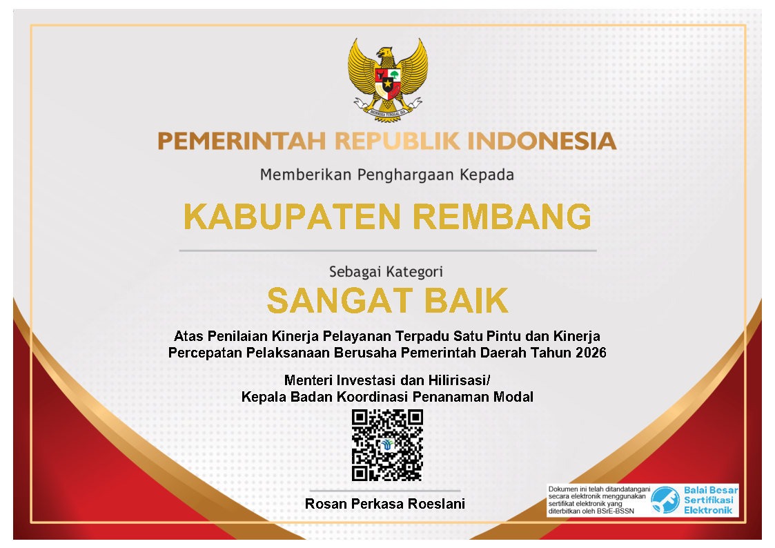 DPMPTSP Kabupaten Rembang Raih Penghargaan Kategori Sangat Baik atas Kinerja Pelayanan Perizinan dan Percepatan Berusaha Tahun 2026